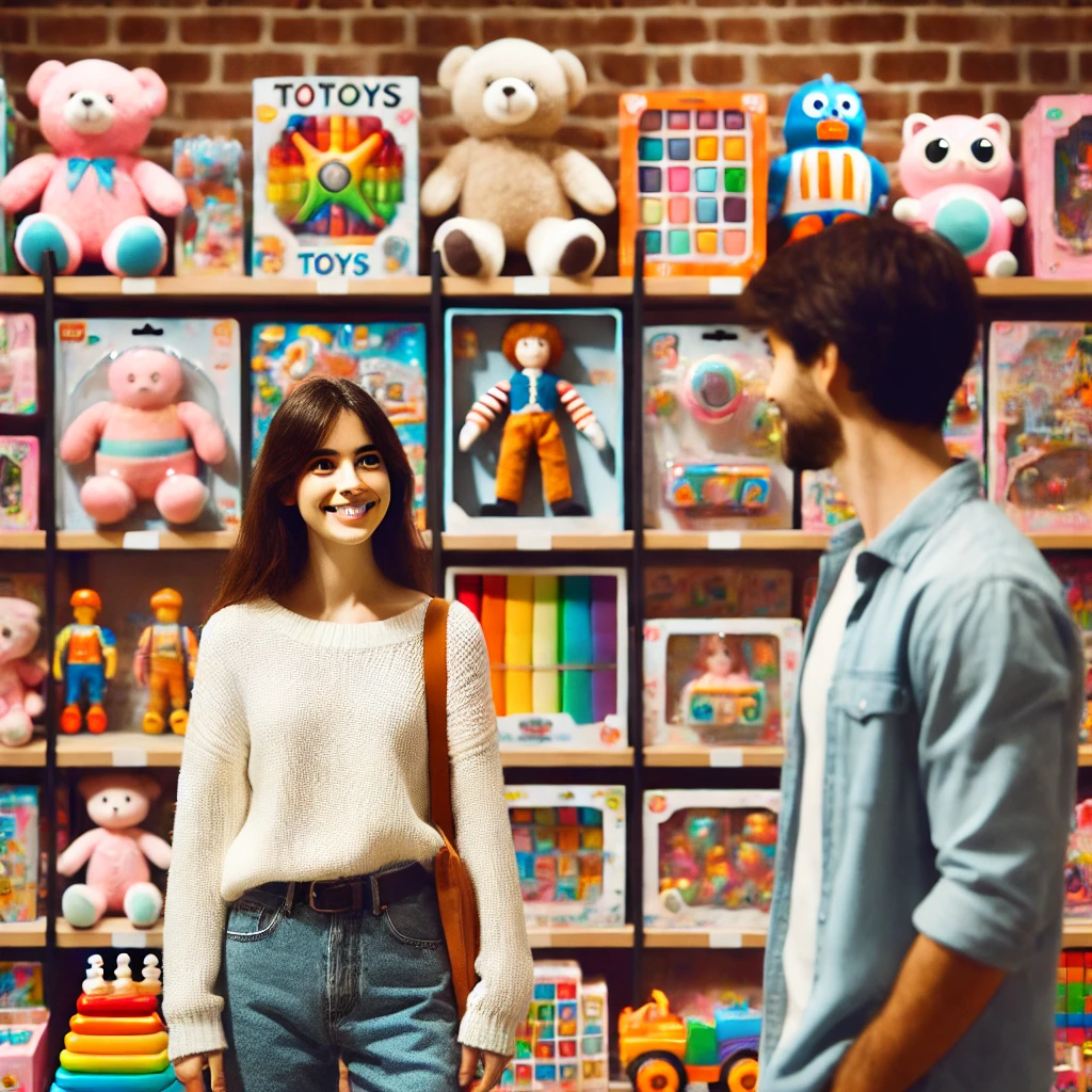 DALL·E 2025 04 17 20.36.05 A person standing in front of a colorful toy display in a toy store. The shelves are filled with a variety of toys such as stuffed animals building